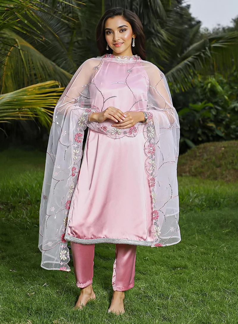 QISSA Women's Powder Pink Blush Bloom Kurta Set For Casual Wear | Halter Neck | Sleeveless | 3 Piece Kurta Set Designed With Comfort Fit For Everyday Ethnic Wear